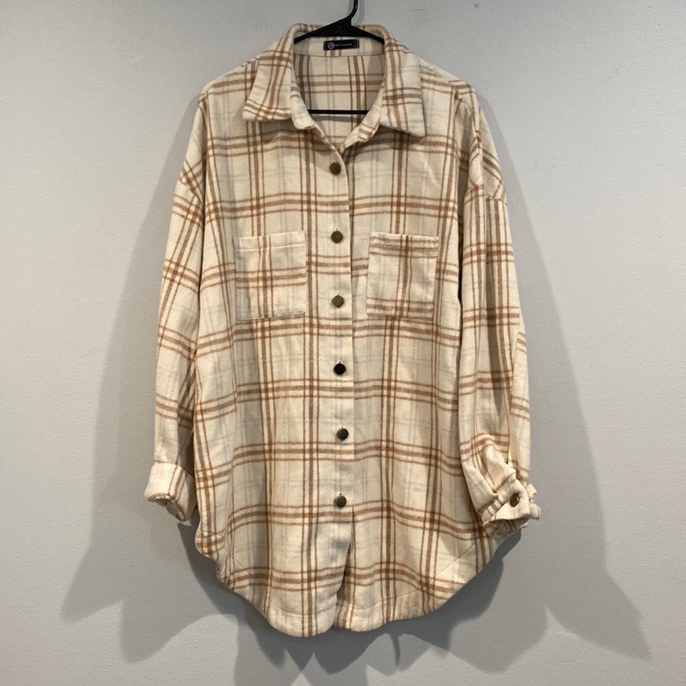 Pretty Garden Cream and Light Brown Plaid Button Down Shacket - Size Large